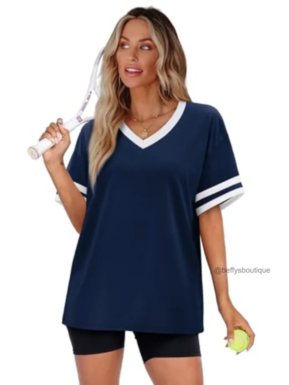 Loose Fit V-Neck Short Sleeve Color Block Tee